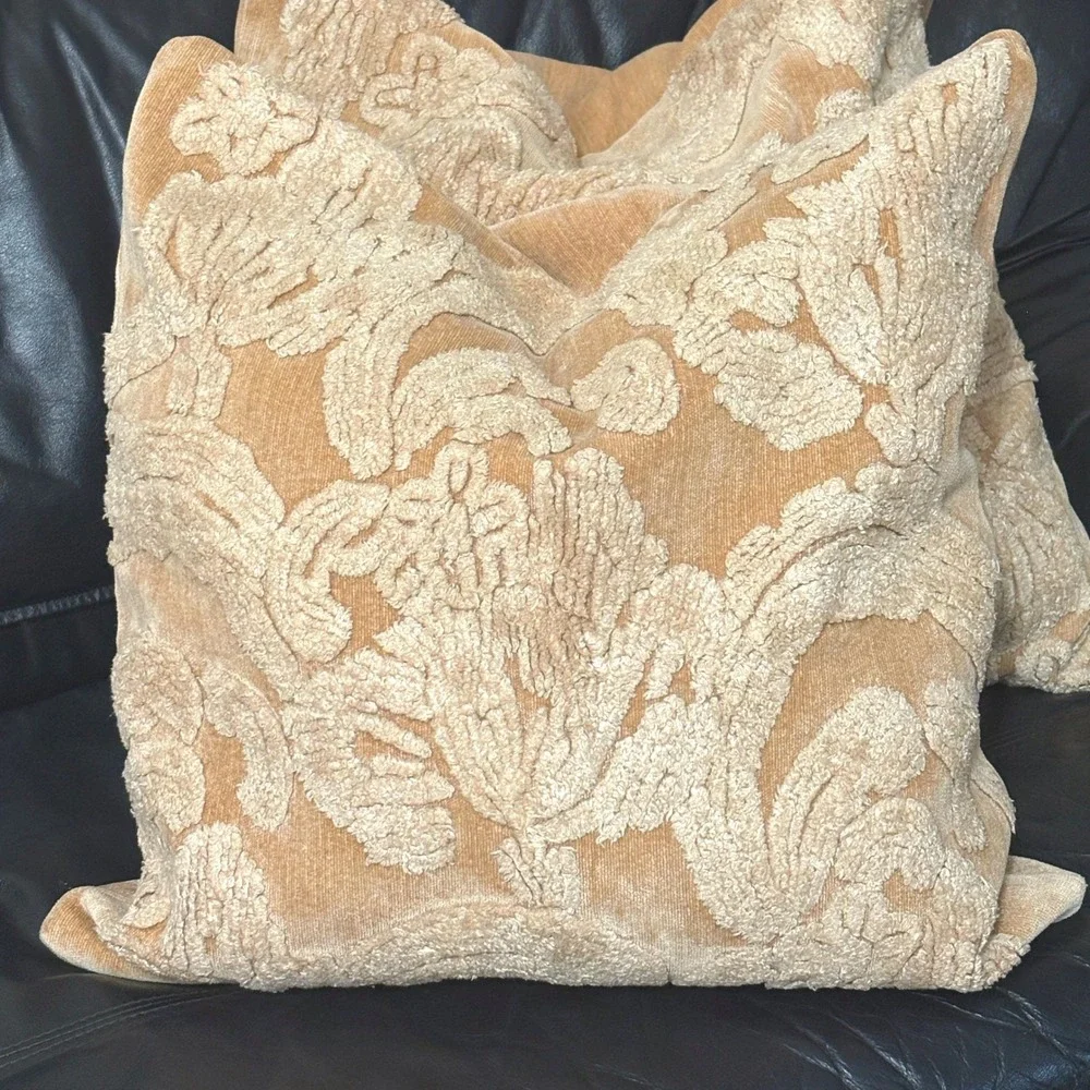 Pottery Barn Natalia Set 2 Chenille Damask 22x22 Pillow Covers Tan Gold Luxury